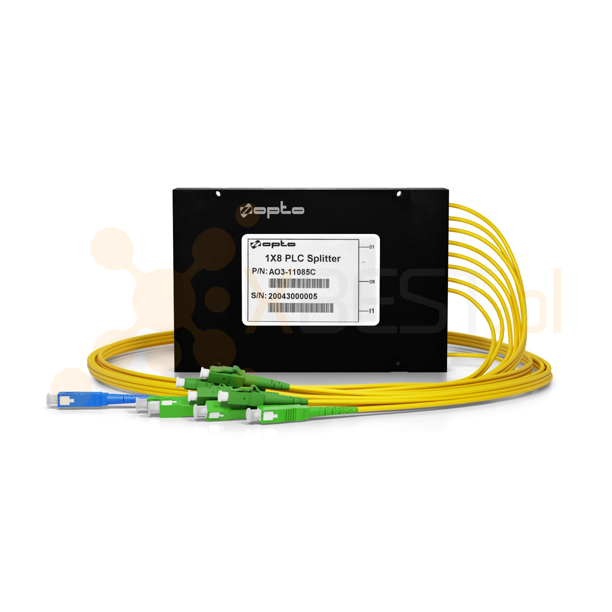 Splitter PLC SC/UPC-IN 1M 4x SC/APC-OUT + 4x LC/APC-OUT 1M SM G.657A1 2mm ABS 1x8