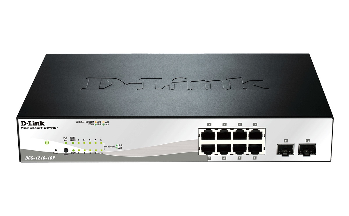 DGS-1210-10P 8x10/100/1000BaseT PoE ports + 2xCombo 1000BaseT/SFP ports Gigabit Smart Switch