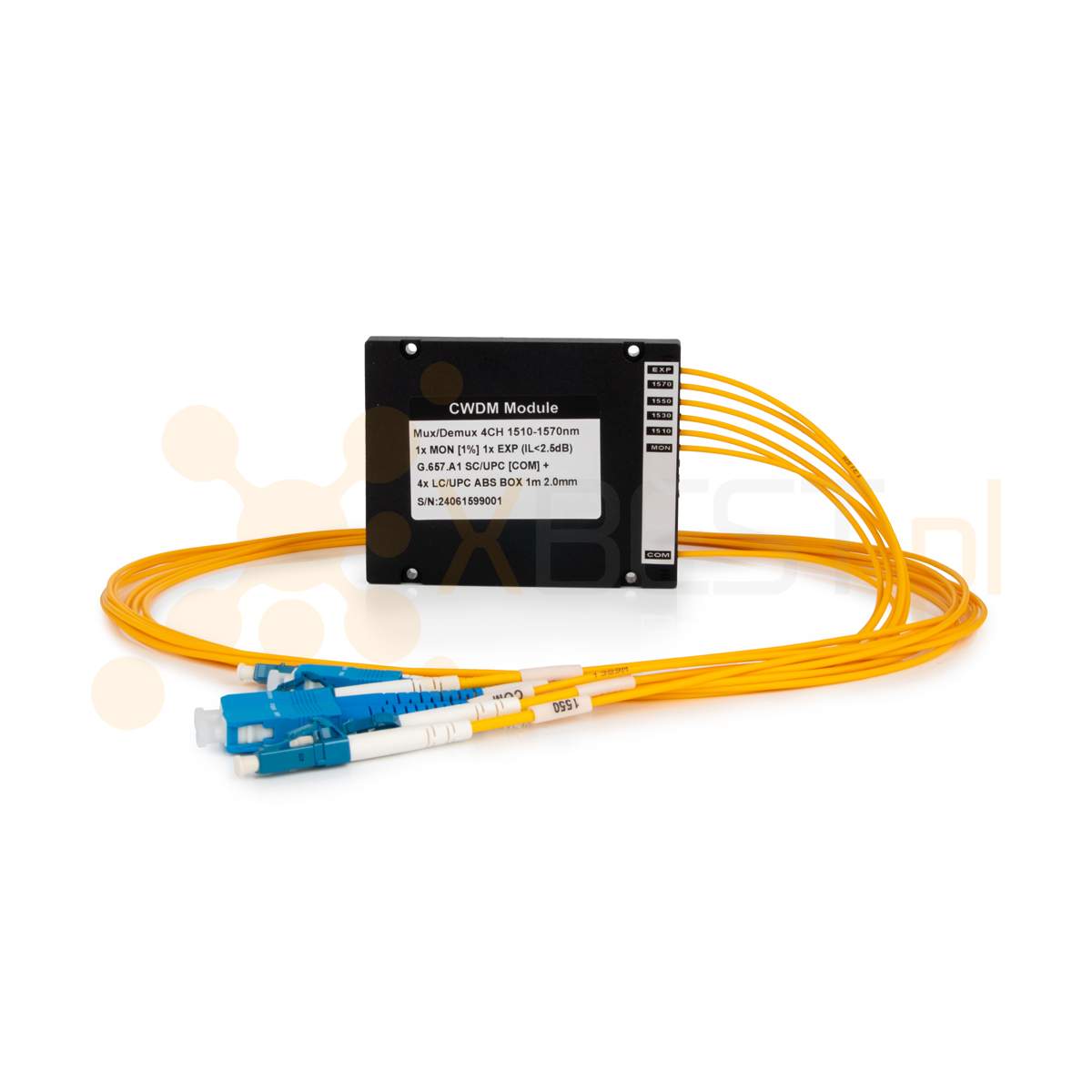 CWDM Mux/Demux OPTO, 4CH (55-61)/1F+ EXP(IL<2.5dB)+MON, G657A, 1xSC/UPC - COM; 4x LC/UPC - TX1510-1570 (ABS BOX)