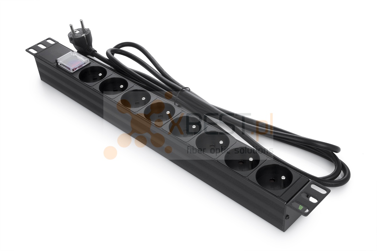 Listwa zasilająca Stärker Power 19" 1U aluminiowa, 8-Gniazd z uziemieniem i wyłącznikiem, 3m