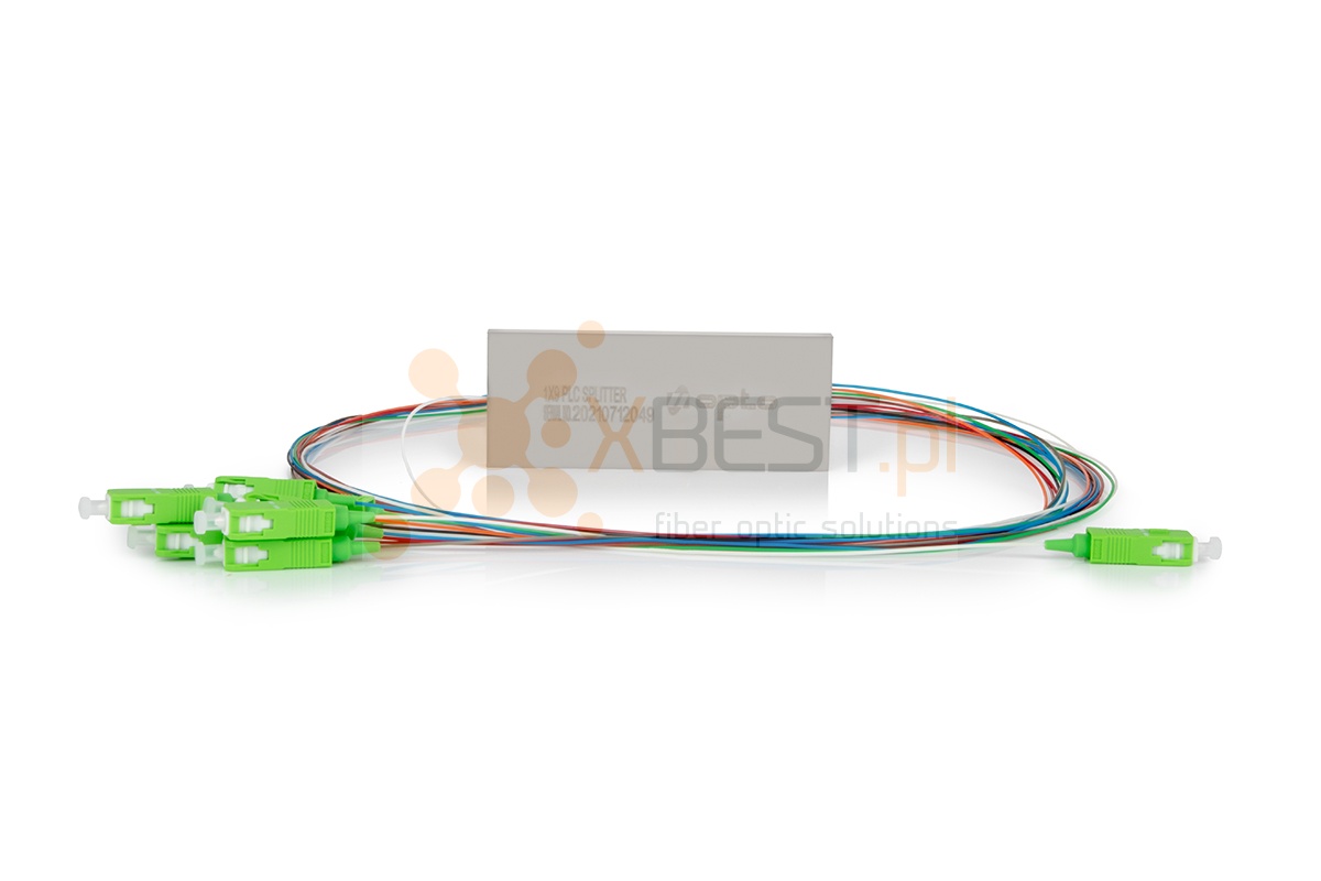 Splitter FPLC 1x9 (95% / 8x0.6%) SC/APC SM G.657A1 0.9mm (STEEL BOX)   