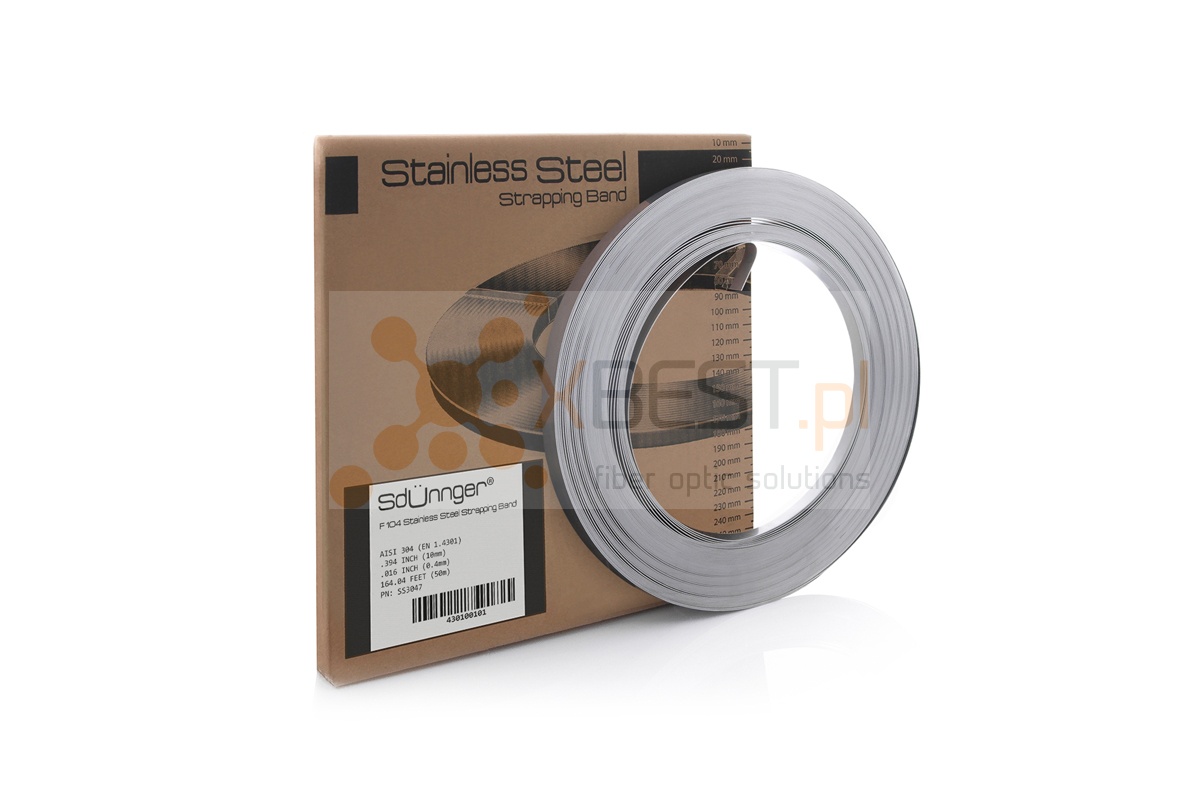 Taśma stalowa Sdünnger F 104 (10x0.4mm, 50m), Stainless Steel 304, w kartonowym opakowaniu