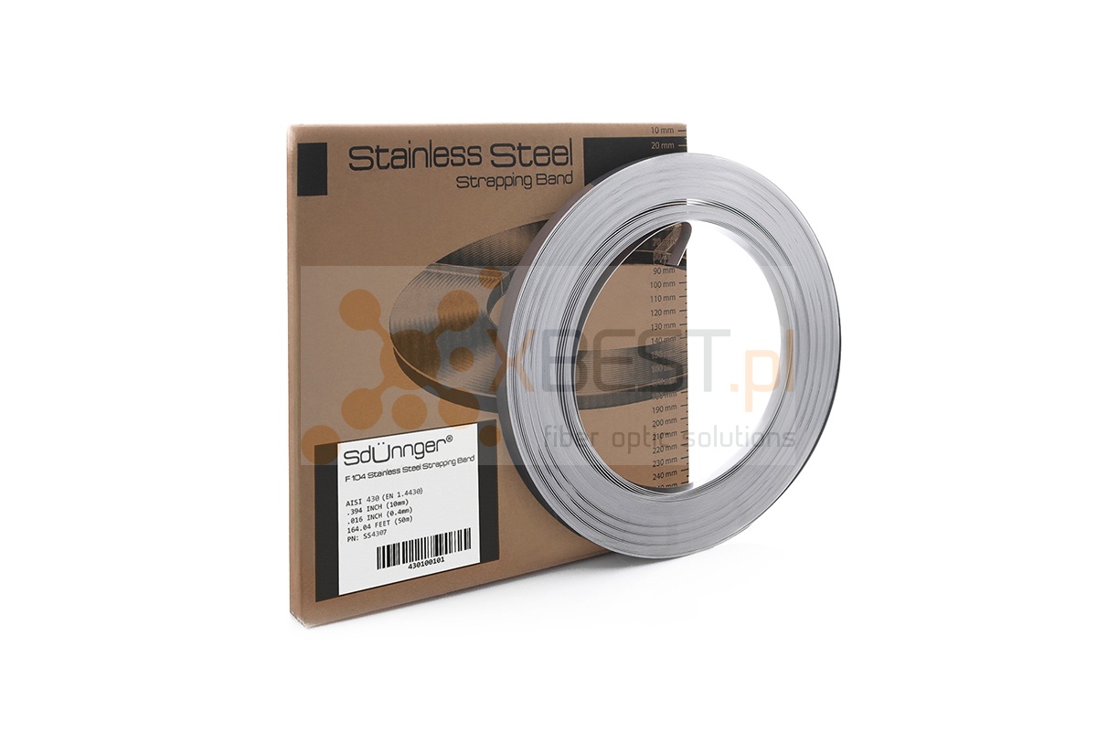 Taśma stalowa Sdünnger F 104 (10x0.4mm, 50m), Stainless Steel 430, w kartonowym opakowaniu