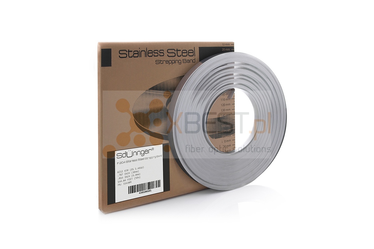 Taśma stalowa Sdünnger F 204 (20x0.4mm, 50m), Stainless Steel 430, w kartonowym opakowaniu